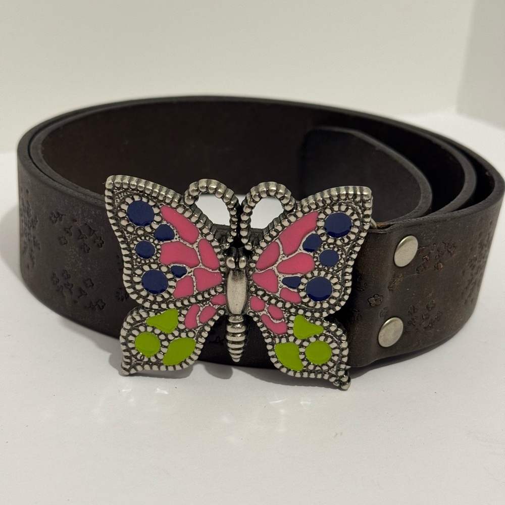 Fossil Chocolate Brown Tooled Floral Leather Belt with Butterfly Enamel Buckle